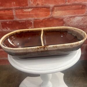 Vintage McCoy Pottery Bowl Divided Oval Serving Dish Brown Drip Edge 7038